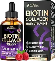 NUTRAHARMONY Liquid Collagen and Biotin - Hair Growth Drops for Women & Men - Extra Strength 60000 mcg - Vitamin B7 Supplement - Strong Nails & Healthy Skin - 98% Faster Absorption Than Pills