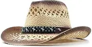 [BoqQu] Simple Straw Hollow Western Cowboy Hat Women Men Handmade Fedora Sombrero Hombre Beach Cowgirl Jazz Sun Hat (Color : Coffe, Size : 56-58CM Adjustable), Coffe, One size, Coffe, One size