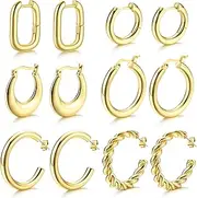 [Kakonia] 6 Pairs Gold Chunky Hoop Earrings Thick Open Earrings Big Hoop Twisted Huggie Earring, Pierced Earrings/Non Pierced Earrings