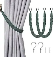 NICEEC 2 Pack Natural Cotton Rope Curtain Tiebacks Elegant Boho Style Decorative Drape Tie Backs Soft Hand-Woven Rope Curtain Holdbacks with Metal Hook for Home & Office Drapery (Dark Green)