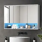 OIKITURE Bathroom Mirror Cabinet with 16 LED Lighted Colours, Bathroom Cabinet with Closed and Opened Wall Mount Storage Shelves, Cupboard Shower Mirror, White, 120×75cm