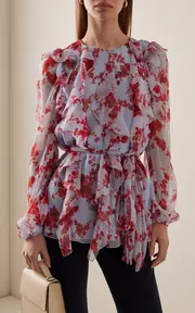 [Carolina Herrera] Sash-Detailed Ruffled Silk Chiffon Top