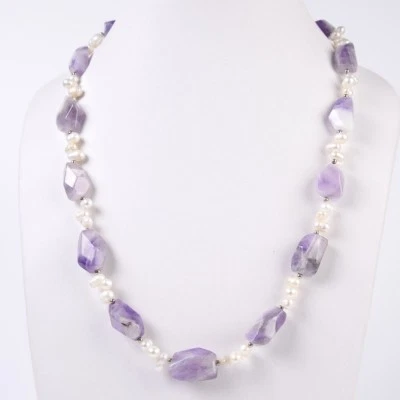 Women Fashion Natural Purple Amethyst & Pearl Long Necklace 19" FREE SHIPPING