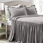 Lush Decor Ruffle Skirt Bedspread Set - 3 Piece Luxurious Farmhouse Bedding Set - Elegant, Charming Ruffle Detail - Timeless Style & Classic Design - Soft and Lightweight - King, Dark Gray