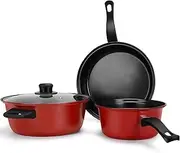 4-Piece Set Nonstick Cookwares, Lightweight Carbon Steel Pots and Pans with Lid - 9.5 Frying Pan, 9.5 Soup Pot 7 Milk Pot, Portable Cookwares for Outdoor Cooking, Picnic, Camping(Red)