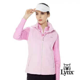 【Lynx Golf】女款保暖舒適鋪棉橫條紋造型帽緣出芽設計無袖可拆式連帽背心-粉紅色