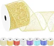 Swpeet 2-1/2 Inch × 10 Yard Golden Swirl Glitter Wired Ribbon, Organza Sheer Ribbon with Gold Metallic Edge, Glitter Swirls Wired Ribbon, Christmas Wired Ribbon for Tree Decoration Wrapping Gifts Craft
