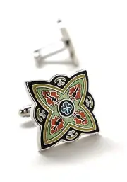 Spanish Bloom Cufflinks Silver and Green Enamel Embossed Design Blue Flower