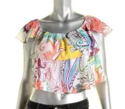 AQUA $78 PINK MULTI FLORAL PEASANT OFF-THE-SHOULDER TOP BLOUSE SHIRT JUNIORS M
