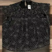 Torrid Women’s Chiffon Smocked Flutter Short Sleeve Blouse Dots Black 1X NWT