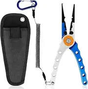 Roczential Fishing Pliers Saltwater Aviation Aluminum with Sheath and Lanyard - Braid Cutters Split Ring Pliers Hook Remover Line Cutting Stainless Steel Jaw Fish Holder, Fishing Tools