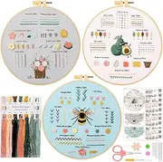 Hapurs 3-Piece Embroidery Starter Kit for Kids & Adults: Classic Floral Embroidery Kit with 28+ Stitch Techniques, Beginner-Friendly, Includes Hoop, Tools & Instructions