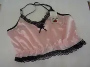 PALE PINK shiny SATIN shorty camisole CROP TOP black lace new Made in France