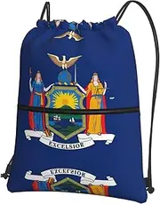 EdWal New York State Flag Print Drawstring Backpack Gym Bags Sports Bags With Zipper Pocket For Travel Swimming Beach, Black, One Size