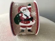 2 1/2” Christmas Santa On Tan Burlap Wired Ribbon Roll 8.33 Yards