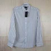 NWT MARC ECKO Mens SZL Long Sleeve Button Down Mellow Blue Color Striped Shirt