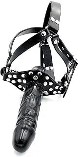 BDSM strap on silicone double dildo with penis gag, bondage leather head harness with gag, erotic flirt sex toy for women and men, couples