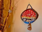 Mushroom In The Meadow Wall Hanging: painted mushroom wood macrame boho retro