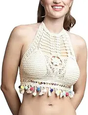 [Generic] Aashita Creations Women's Crochet Halter Neck Padded Bikini Tops Backless Lace Up Beachwear Bralette Crop Top Free Size