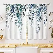 Oolygoo Farmhouse Teal Eucalyptus Small Kitchen Curtains Blue Leaves Window Treatment Turquoise Wooden Cafe Short Curtains for Bathroom Dining Laundry Room Botanical Tier Treatment Drapes 27.5x39 inch