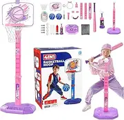 Basketball Hoop Set, 4 in 1 Kids Baseball Tee Stand Adjustable Height, Indoor Outdoor Sport Toy Ball Game for 1-8 Years, Girls, Boys, Son