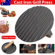 7" Round Bacon Burger Press With Wood Handle For Grill Pattie Steak Meat Smasher