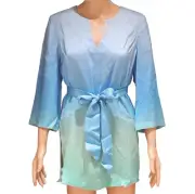 NEW Badgley Mischka Women Mulberry Silk Aqua Washable Ombre Tunic Pull Over Tie