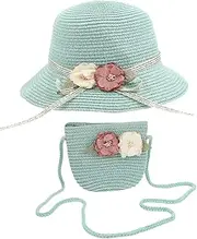 [TOVINANNA] Uv Protection Boys and Girls Set Summer Beach Hat with Tote Bag Straw Woven Green