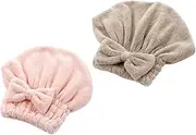 AUTSUPPL 2pcs Coral Fleece Hair Drying Caps Water Absorbent Bowknot Shower Turbans for Quick Hair Drying Soft Pink and Coffee Colors for Home and Travel Use