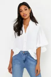 Boohoo Woven Ruffle Angel Sleeve Button Up Chiffon Blouse - Ivory - UK Size 6