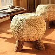 Round Foot Stool Change Shoe Ottoman Wooden Legs Padded Footrest Rattan Dressing Makeup Stool Hallway Living Room Wicker Pouf (Made from Banana Leaves)