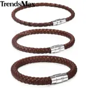 4/6/8mm Brown Braided Cord Rope Man-made Leather Bracelet Magnetic Clasp 8-10"