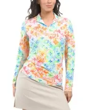 IBKUL Womens VERONICA Print Long Sleeve 1/4 Zip Mock Neck Golf Top in Candy Pink