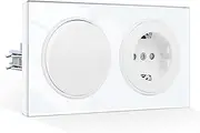 CNBINGO Light Switch with Socket Flush-Mounted Glass Round Single 1 Way White