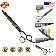 8'' Ergonomic Gold & Black Dog Grooming Scissors - Chunker Blending Shears