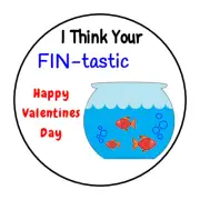 Kids Valentines day Fish Stickers, labels, tags, I think your FIN-tastic