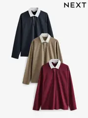 Navy/Stone/Burgundy Long Sleeve Rugby 100% Cotton Shirts 3 Pack (B91859) | $70