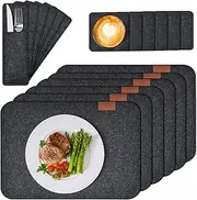 Table Set Place Mats, Set of 18, Washable Place Mats: 6 Place Mats, 6 Glass Coasters, 6 Cutlery Pockets, Anthracite Square Placemats, Plate Coasters, Felt Set