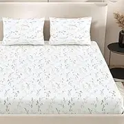 210TC 100% Cotton Percale Weave Printed Flat Bedsheet Set, 3 Pieces, King Size 108inch x 108inch, 18inch x 28inch Pillow Covers (Floret White Rust)
