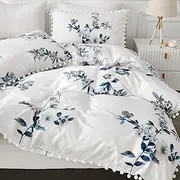 Freyamy Bed Linen 155 x 220 cm 2-Piece White Blue Flowers Pompoms Reversible Bed Linen Microfibre Soft Bedding Sets Romantic Girls Duvet Cover with Zip and Pillowcase 80 x 80 cm