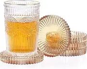 JUXYES 5 Pack Amber Tone Crystal Coasters Round Cup Mat, Glass Coasters for Drinks Coffee Tea Wine, Decorative Wine Bottle Coaster, Crystal Drink Coaster for Restaurant bar Kitchen Dining Table