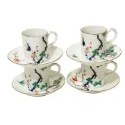 4 Vtg Neiman Marcus Demitasse Espresso Cups & Saucers Bird Cherry Blossom Japan
