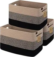 DelSol Large Rectangle Blanket Basket 3 Pack Woven Wicker Nursery Cotton Rope Baskets for Storage Pillows Clothes Toy Organizer Hamper with Handle (Black & Brown)
