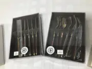 NEW! Williams Sonoma 6 Mini Forks 6 Mini Knives Knife Set Wood Handle Gold 5"
