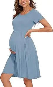 [WOOXIO] Women's Fashion Short Sleeve Maternity Dress with Pockets Patchwork Pregnancy Clothes
