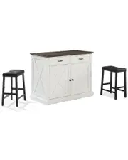 Crosley Furniture Clifton Kitchen Island W/Uph Saddle Stools- Kitchen Island & 2 Stools