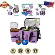 Large Capacity Dog Travel Bag with Food Container & Collapsible Bowls, Purple
