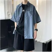 Elbow-Sleeve Button-Up Plain Shirt Black - S