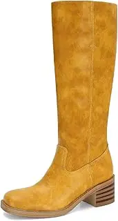 [DOEYG] Women's Banana Knee High Boots Square Toe Chunky Block Heel Tall Boots Wide Calf Fashion Comfortable Casual Pull on Long Boots