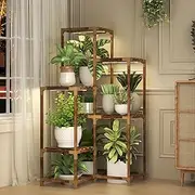 HOMKIRT Corner Plant Stand with Grow Lights, Plant Shelf Indoor for Multiple Plants, Wood Plant Rack Holder Flower Stand for Patio Porch
